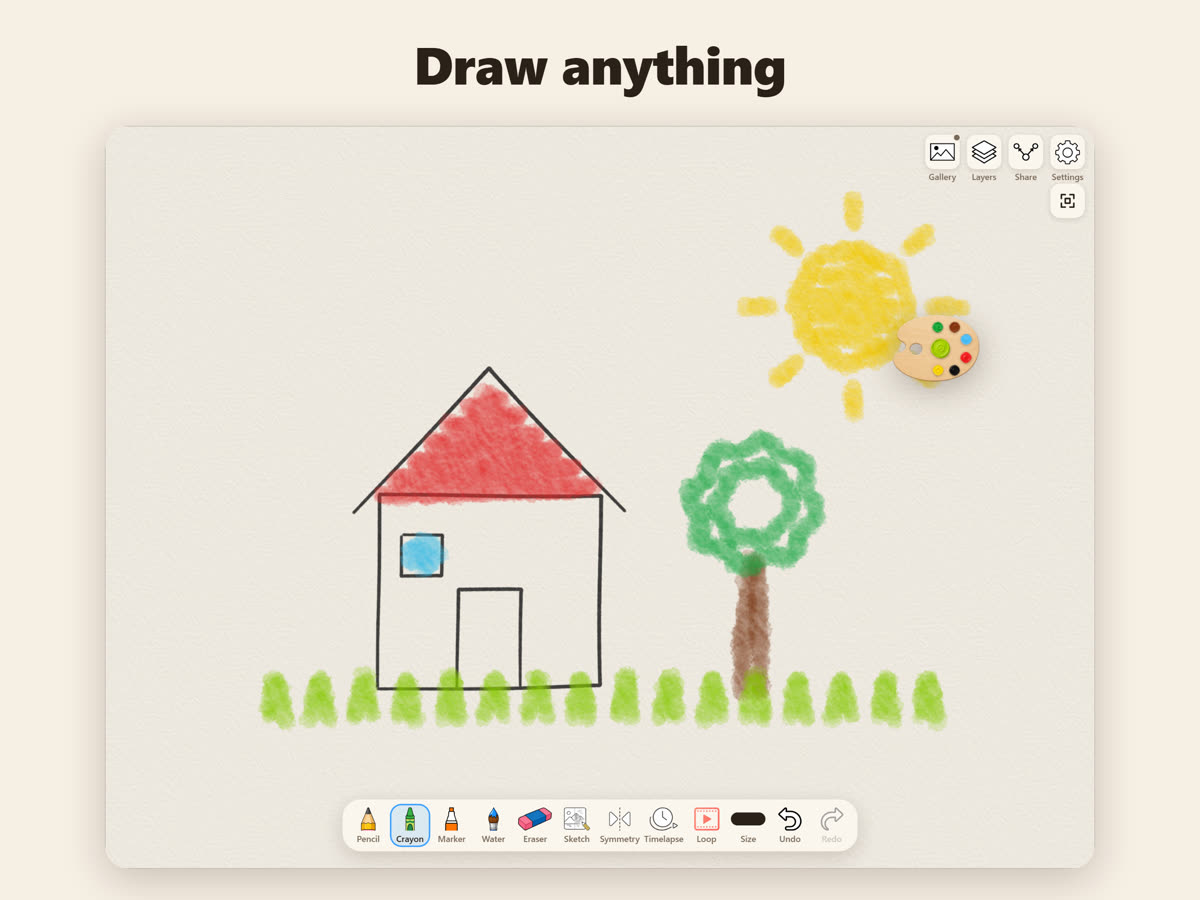 Draw anything: a crayon house, tree and sun on the doodloop canvas